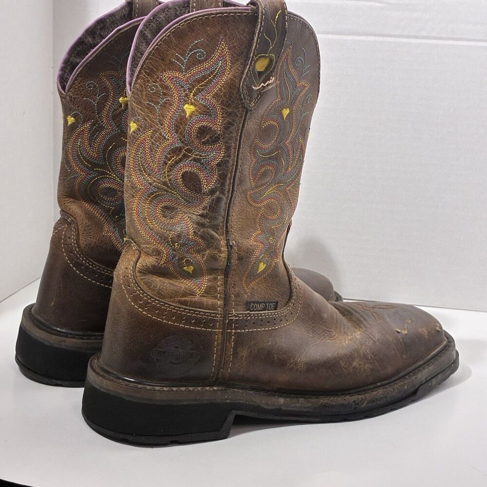 Justin Women’s Western Work Boots Size 8 B Brown Leather Comp Toe Embroidered